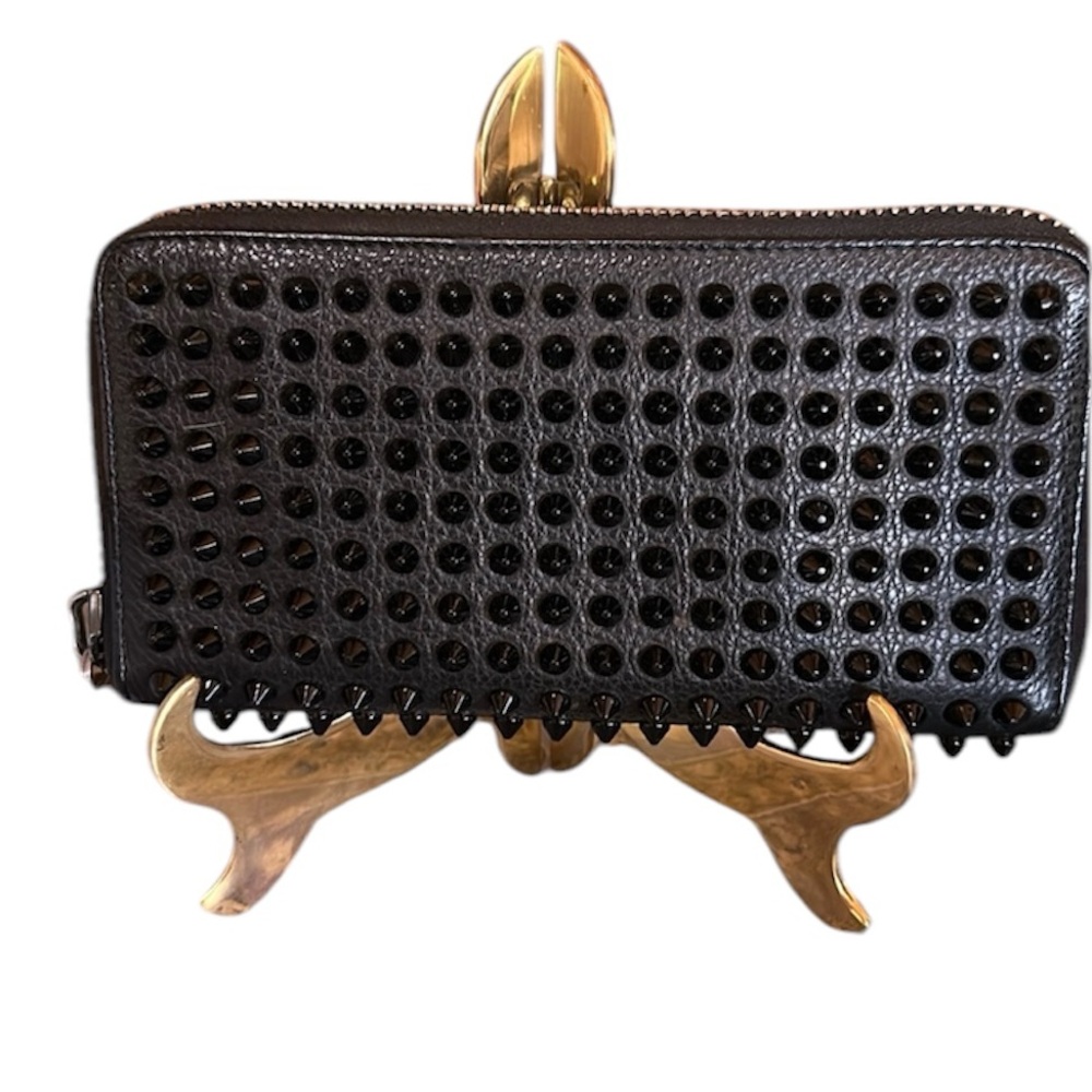 Christian Louboutin Blk Lg Leather Wallet.Studs, Red Interior & External Zipper